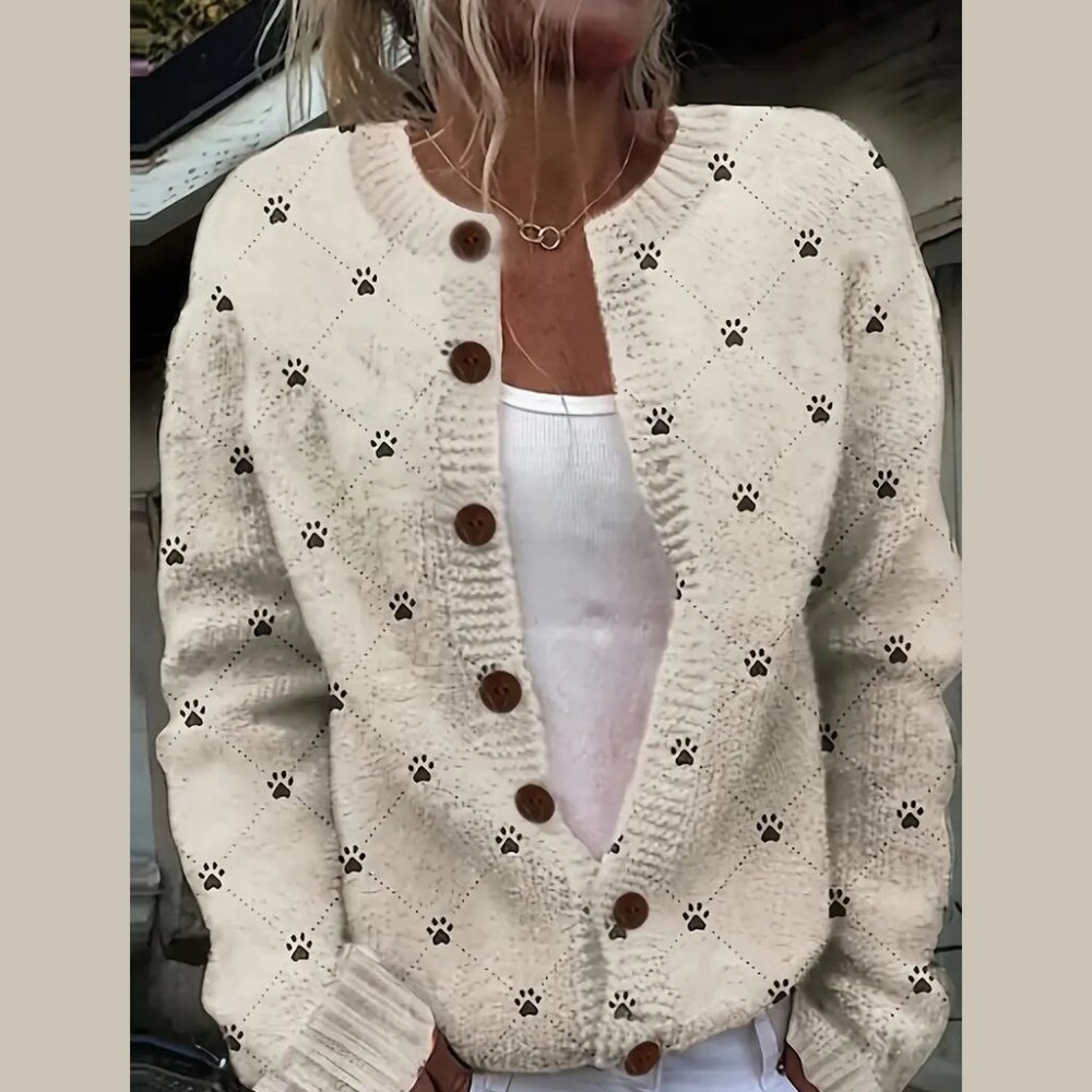 Paw Print Casual Button-Up Knitted Cardigan Sweater Size XL